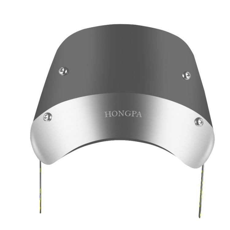 Smoked motorcycle windshield with HONGPA logo on the silver mounting band