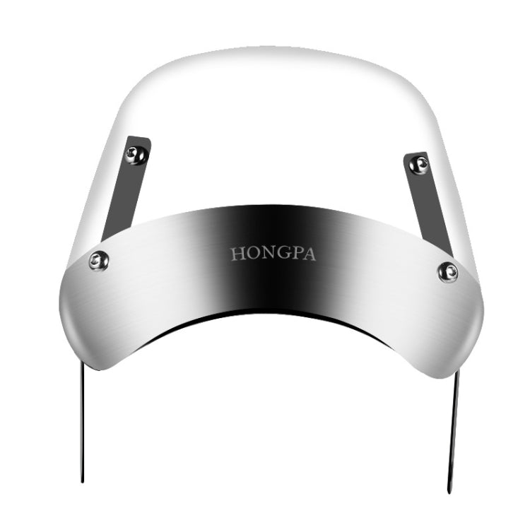 Clear polycarbonate motorcycle windshield with curved visor and silver metal mounting band