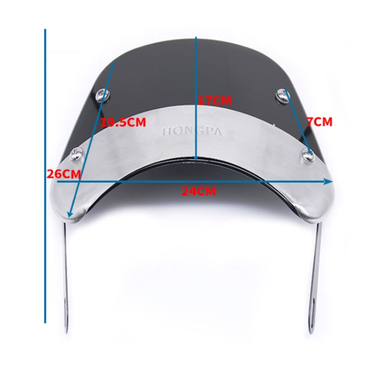 Motorcycle windshield with curved smoked visor and visible size diagram for fitment