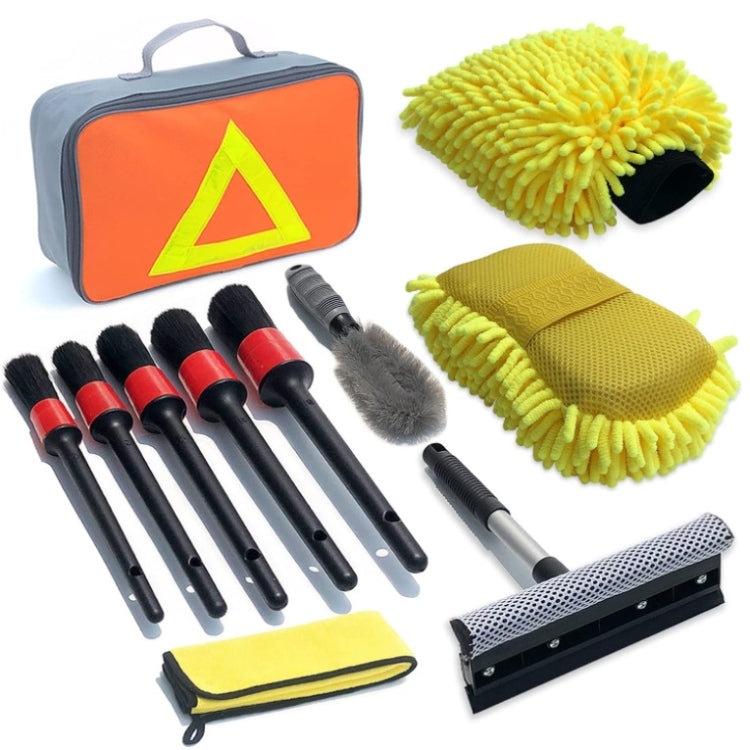 Car wash cleaning tool set in zip pouch with microfiber mitt and brushes