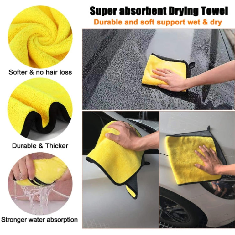 Yellow super-absorbent car drying towel with black edging and hanging loop