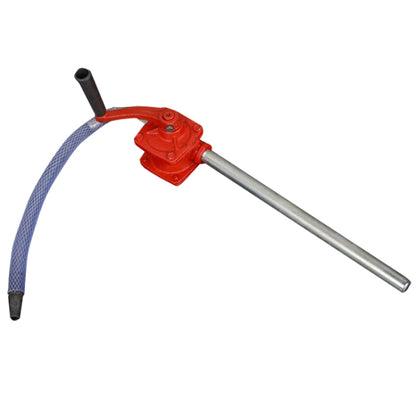 Red handheld oil pump with long metal spout and blue suction hose