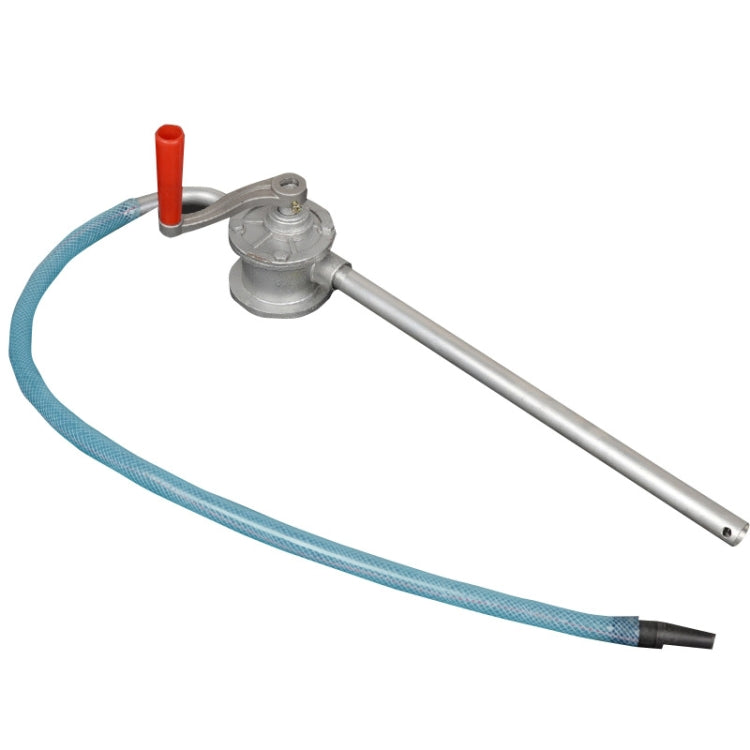 Silver rotary hand oil pump with blue suction hose and red outlet handle