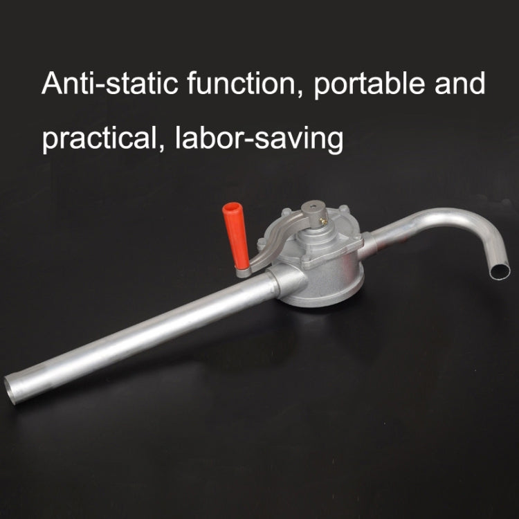 Portable oil hand pump with long pipe, curved outlet, and red vertical lever