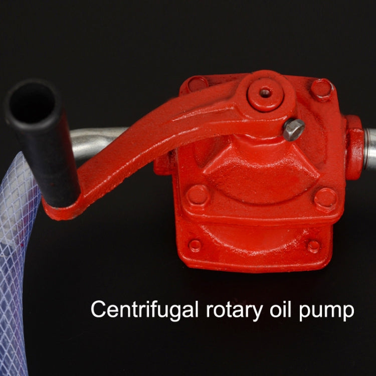 Red centrifugal rotary hand oil pump with lever and blue inlet hose
