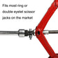 Car jack adapter connecting to red scissor jack arm with threaded clamp