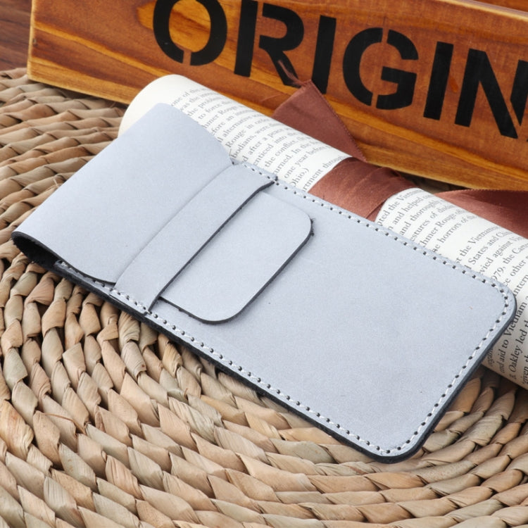 Large light gray pencil case with foldover strap and stitched front pocket