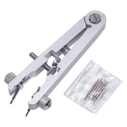 V-shape watch pin removal pliers, silver metal tool with spring and pins