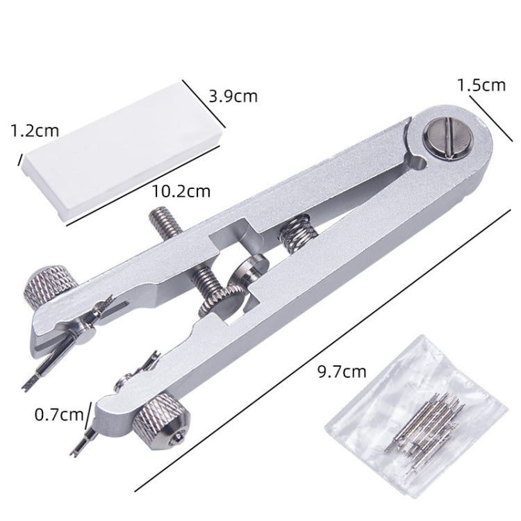 Silver V-shape watch pin removal pliers with size labels and included pin set