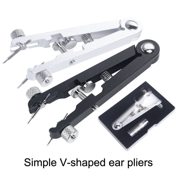 Black and silver V-shape watch pin removal pliers with included replacement pins in tray