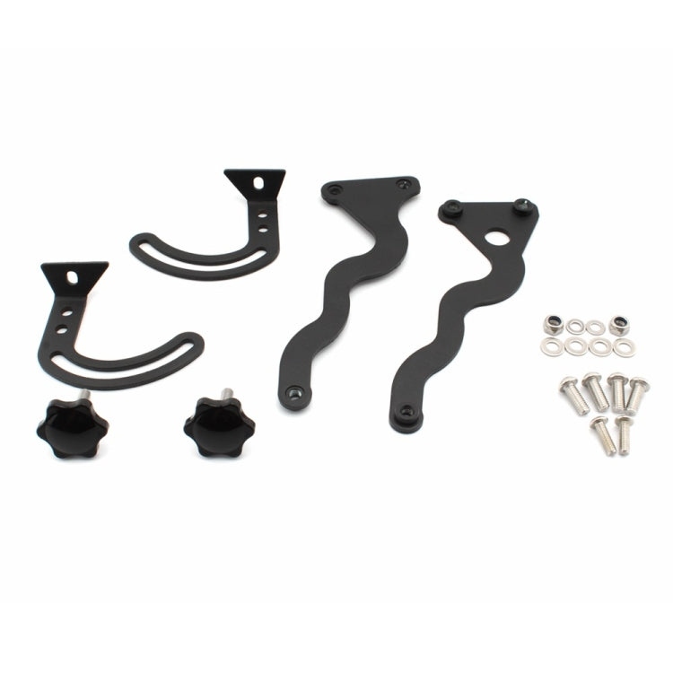 Motorcycle windshield fixing brackets set with black panels, screw bolts, and washers