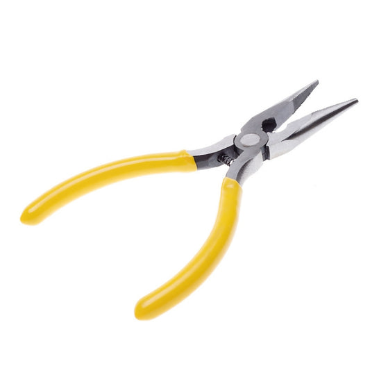 5-inch needle-nose pliers with yellow insulated handles and pointed jaws
