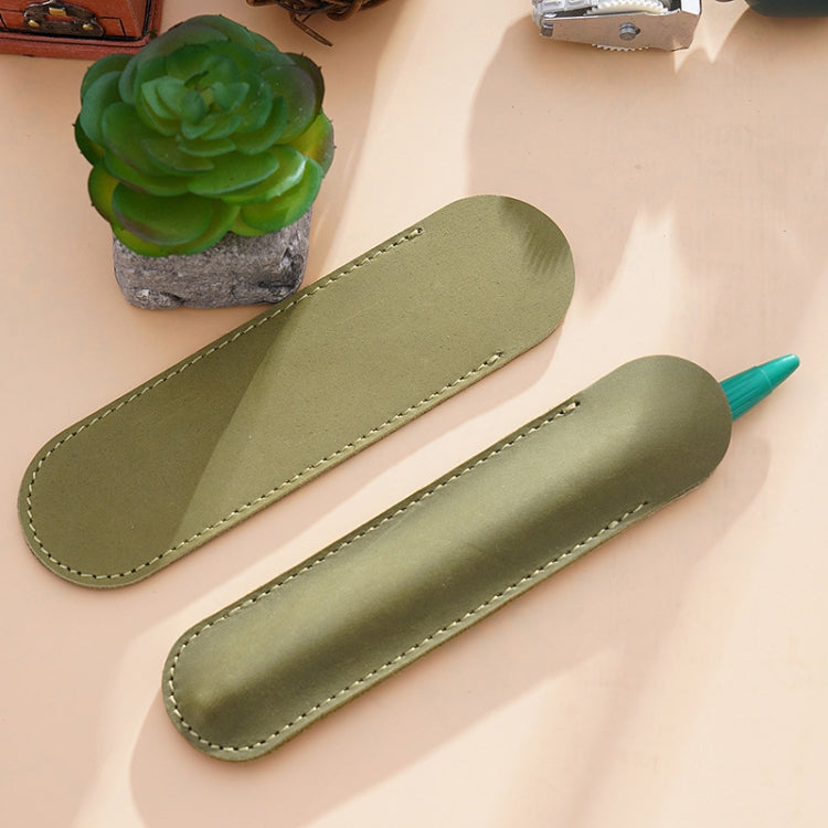 Handmade olive green pen holder pouch with stitched seam, shown with teal pen