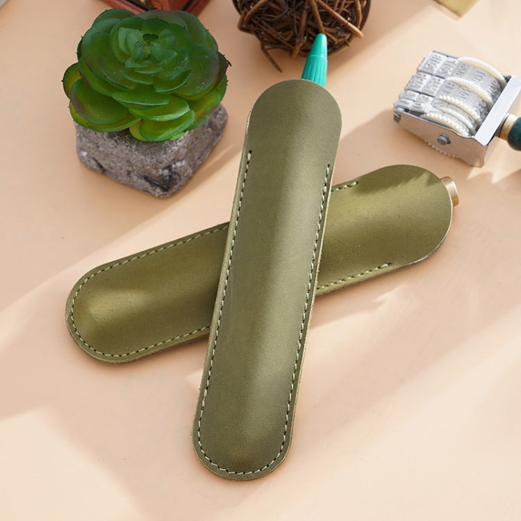 Handmade olive green pen holder pouch, pen-in-sleeve vertical view