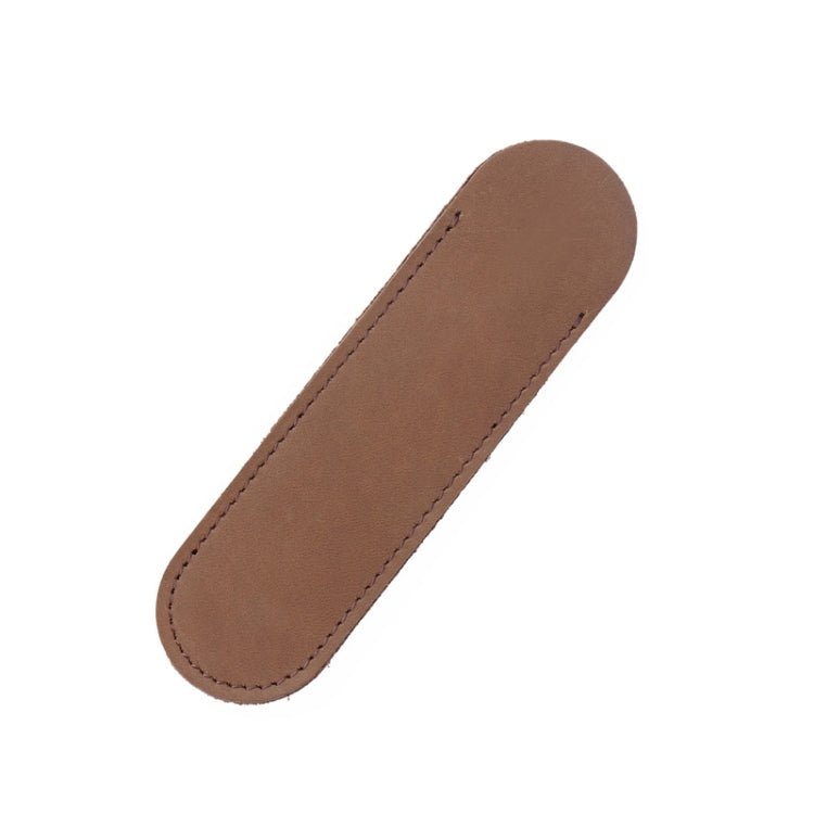 Handmade single pen holder, medium brown leather sleeve with rounded end and stitched seam