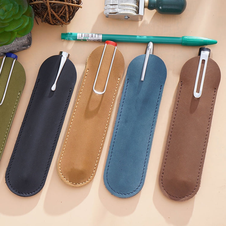 Set of handmade single pen holders in black, tan, blue, and brown leather sleeves with stitching