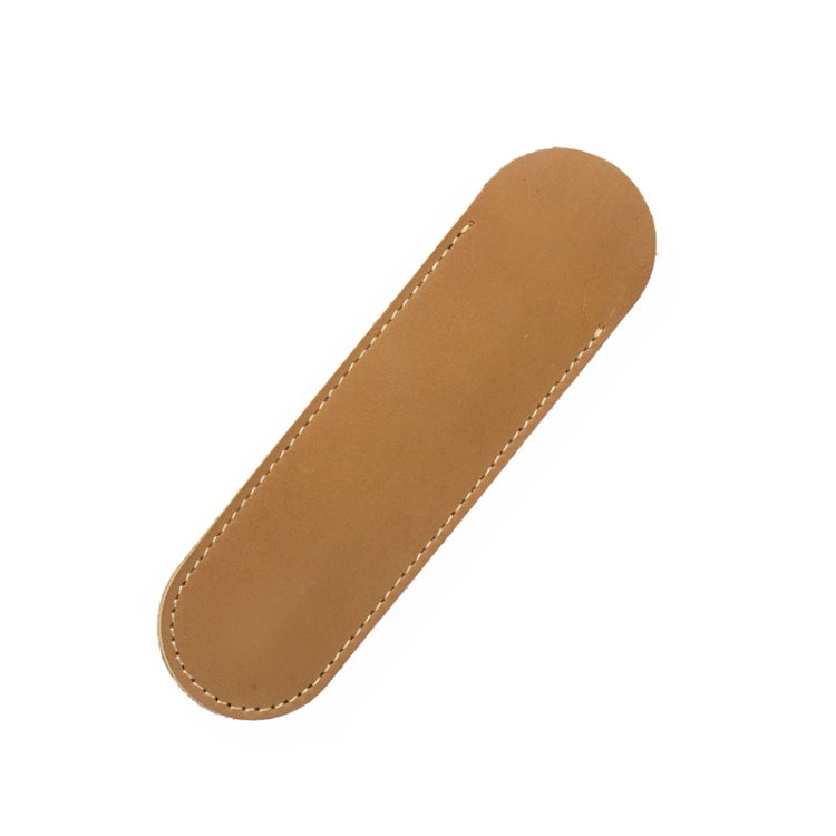 Handmade single pen holder in camel tan leather, side profile with rounded end seam