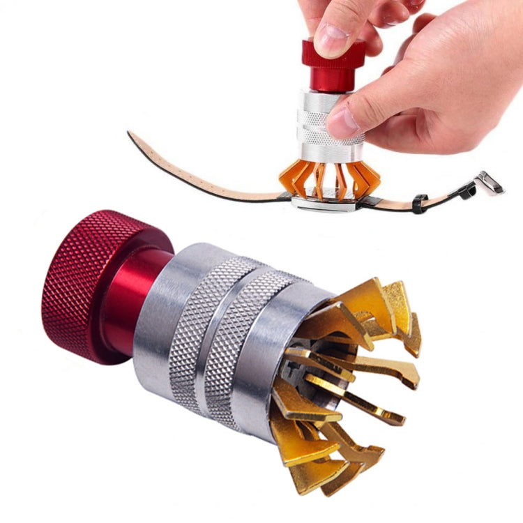 Watch bezel opener tool with red handle and silver textured grip, gold cutting blades
