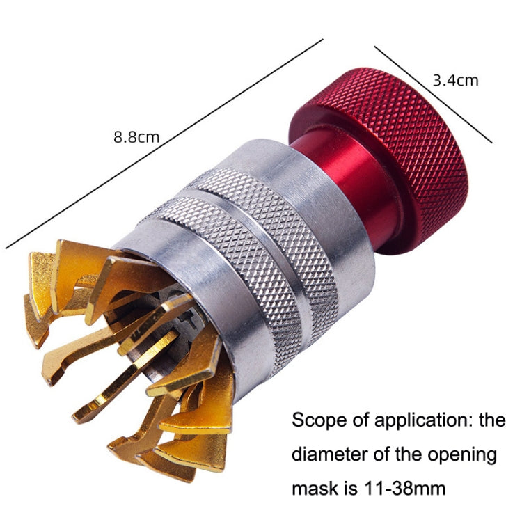 Watch bezel opener tool with red end cap, silver grip bands, gold bezel clamps