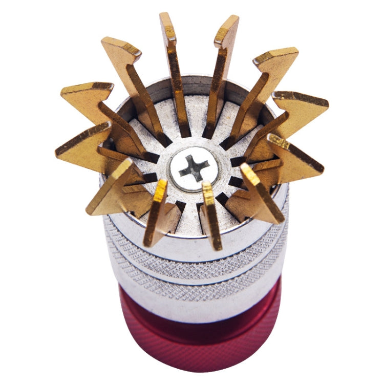 Watch bezel opener tool head with gold prongs and silver ridged ring
