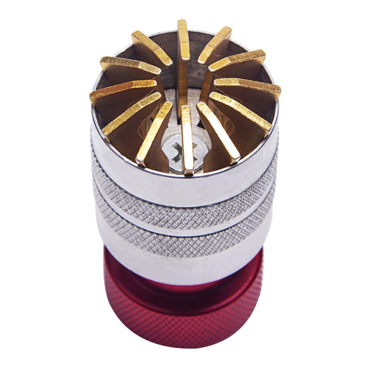 Watch bezel opener tool head viewed from above, gold prongs on silver ring