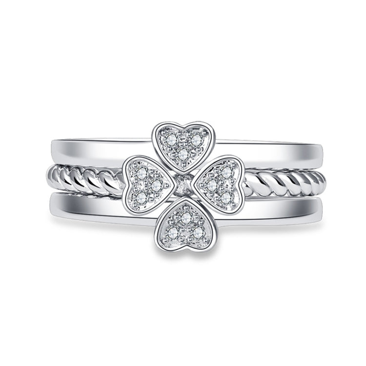 Silver open adjustable ring set with four-leaf clover charm and clear crystal stones