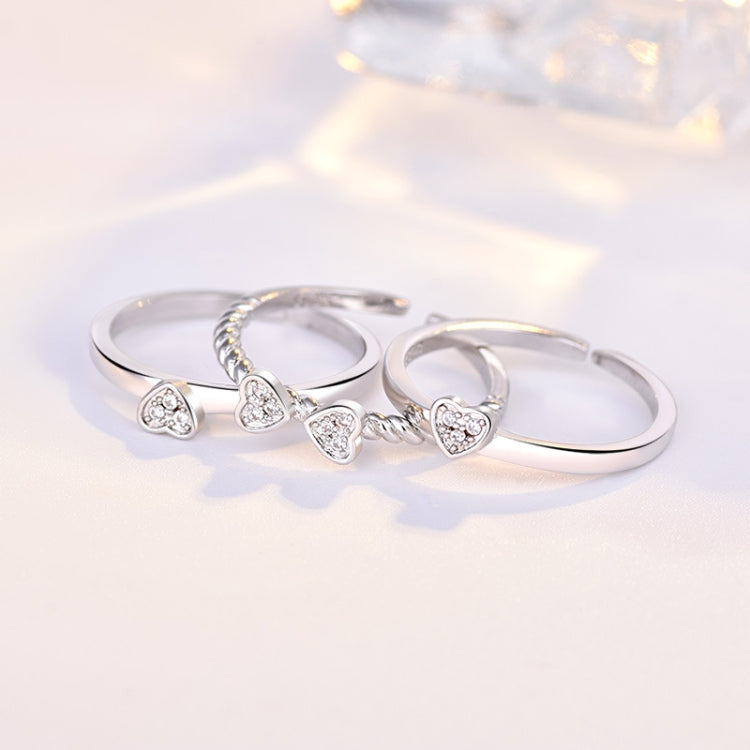 Three-piece silver open rings with four-leaf clover heart crystal accents