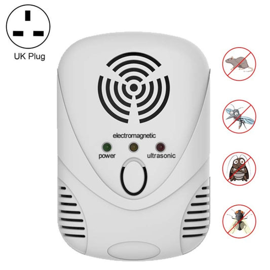 White electronic mouse repeller with ultrasonic and electromagnetic icons, UK plug