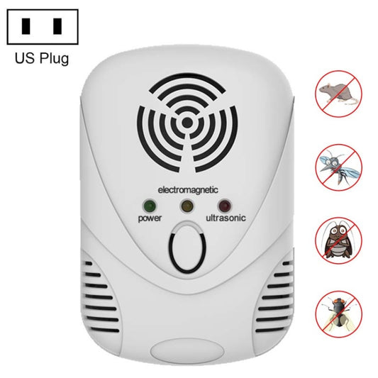 White electronic mouse repeller with ultrasonic and electromagnetic icons, US plug