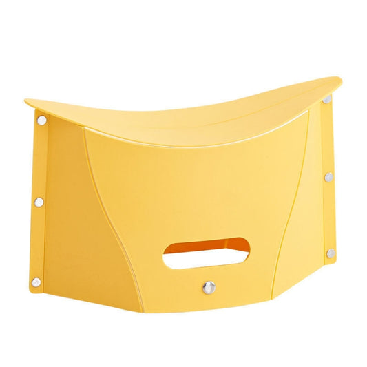 Yellow folding plastic stool with side panels and oval carry opening