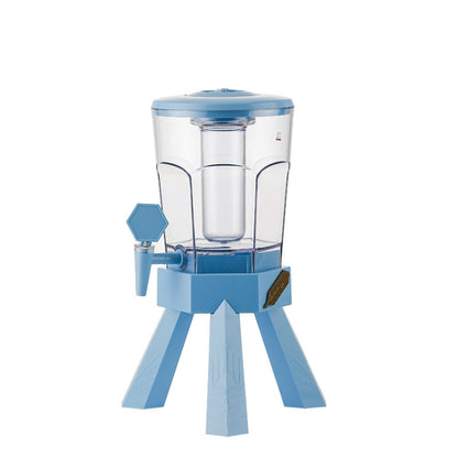 Blue acrylic drink dispenser with faucet and clear barrel on tripod stand