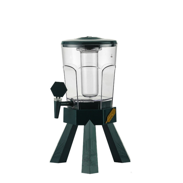 Green acrylic drink dispenser with faucet and clear barrel on tripod stand