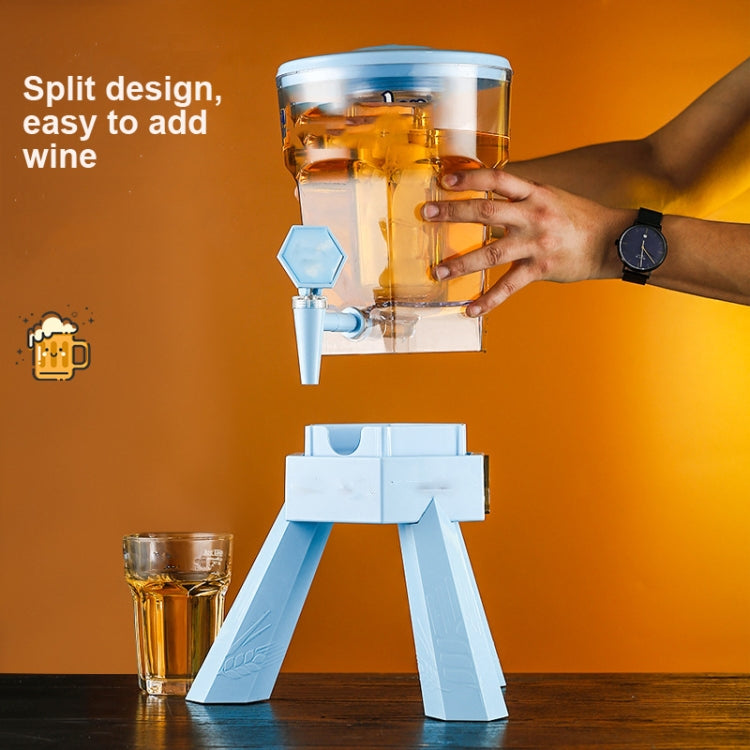 Blue acrylic drink dispenser with split design and removable lid; hand on spout