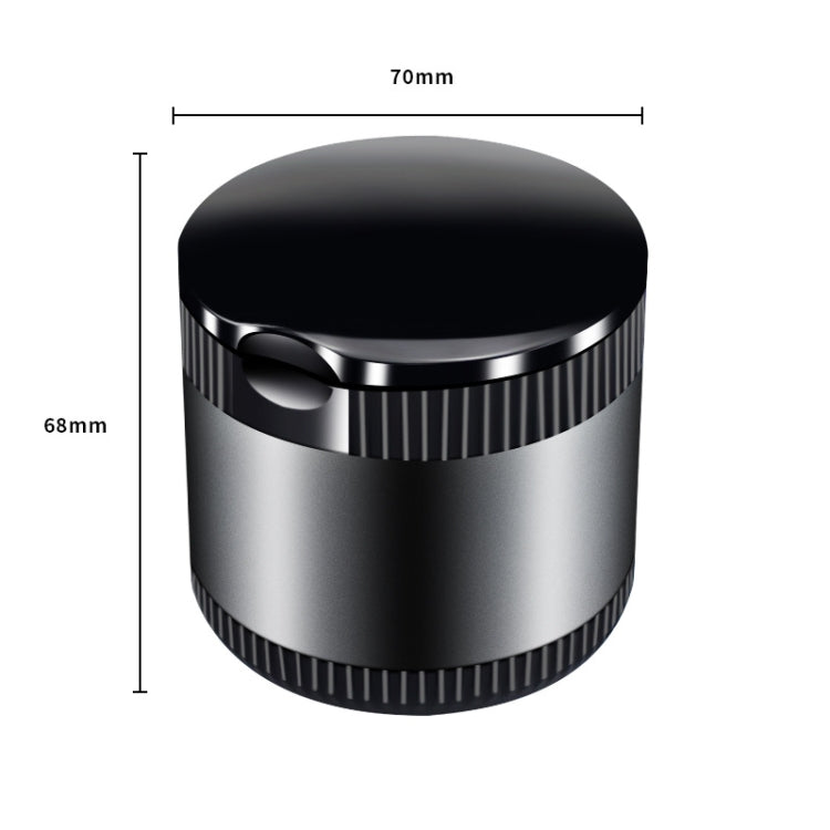 Metallic car ashtray with LED ambient light, lid closed and textured grip band.