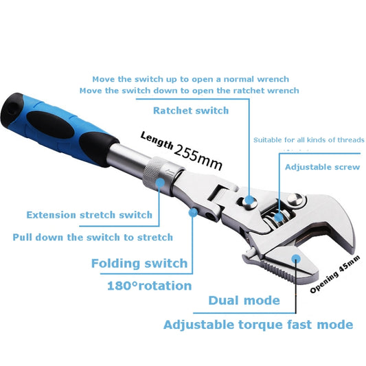 Folding ratchet wrench with dual-mode head, folding switches, and blue handle