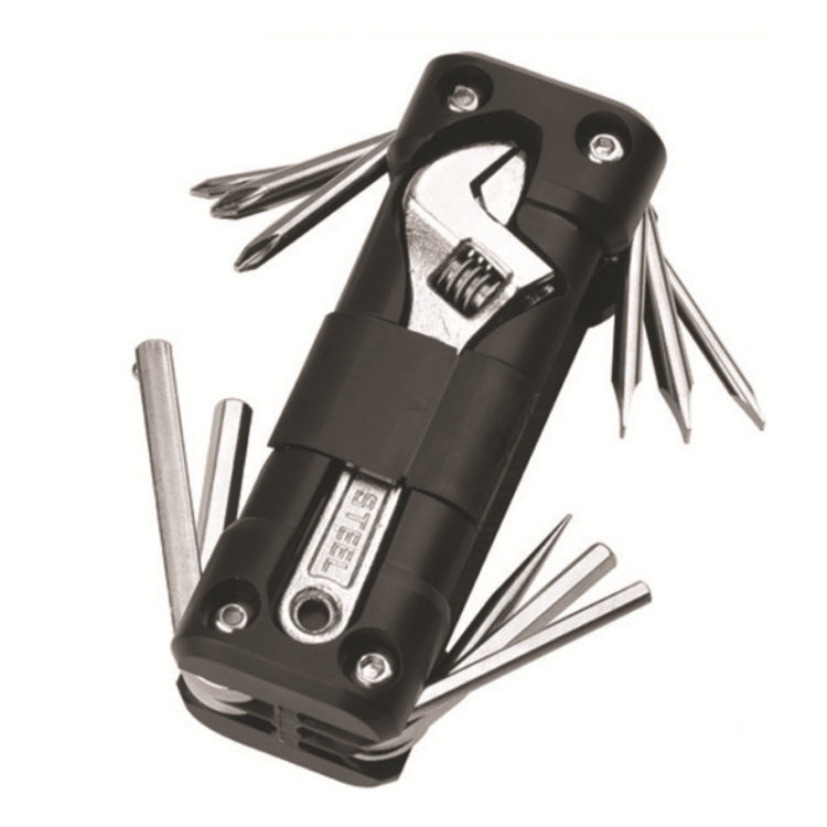 Black 16-in-1 survival multitool with pliers, hex keys, sockets, and screwdrivers
