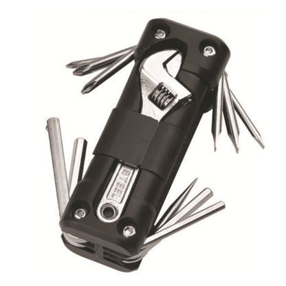 Black 16-in-1 survival multitool with pliers, hex keys, sockets, and screwdrivers