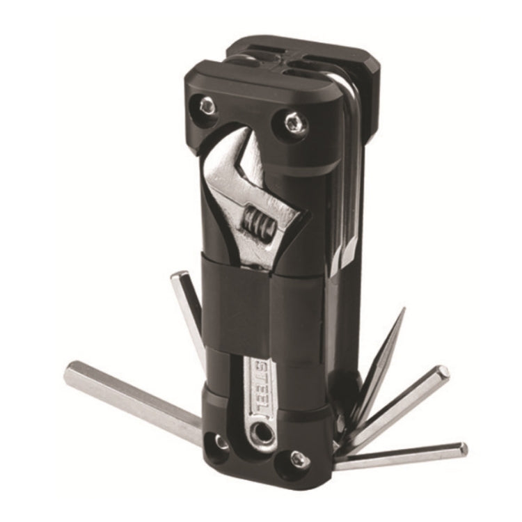 Black multifunction multitool with folded wrench, screwdriver bit, and long hex keys