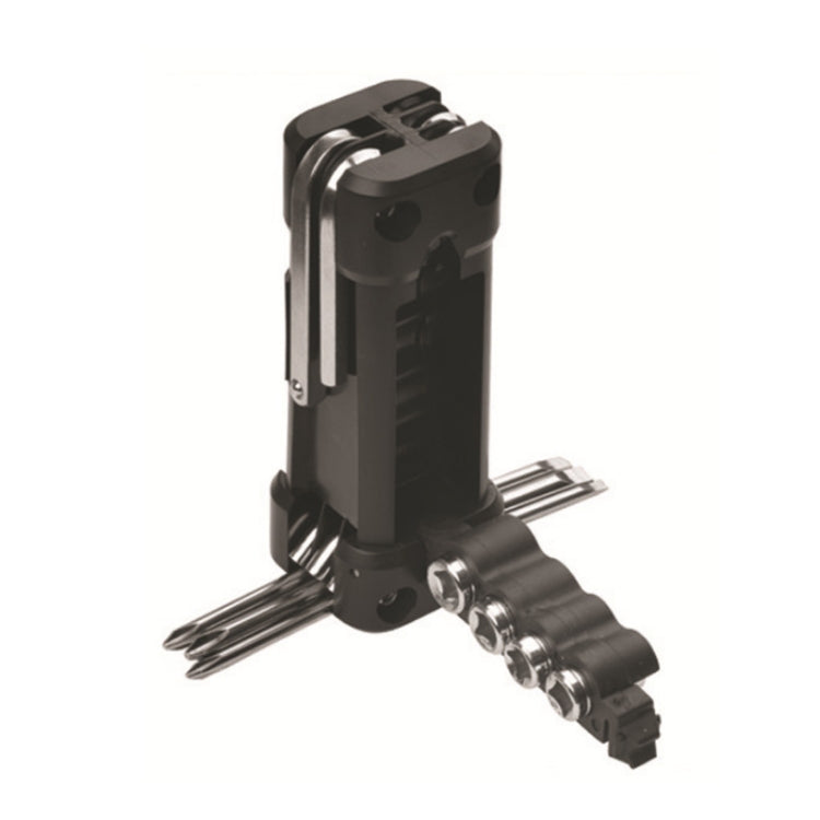 Black multifunction survival tool with socket tool, folded wrench, and hex key bits