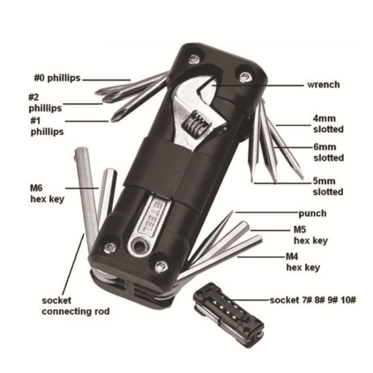 Black 16-in-1 camping multitool kit with assorted bits, keys, and socket connecting rod