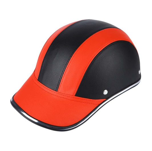 Lightweight red and black half safety helmet with chin strap detail