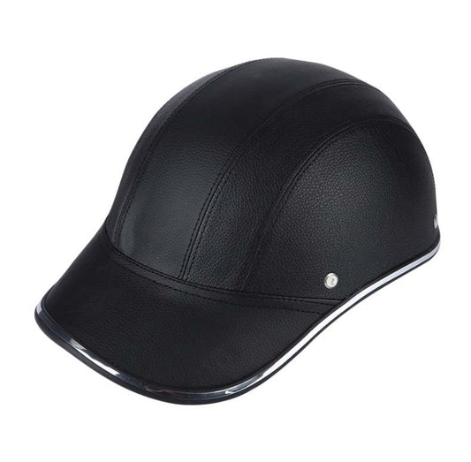 Lightweight black half safety helmet with smooth shell and chin strap detail