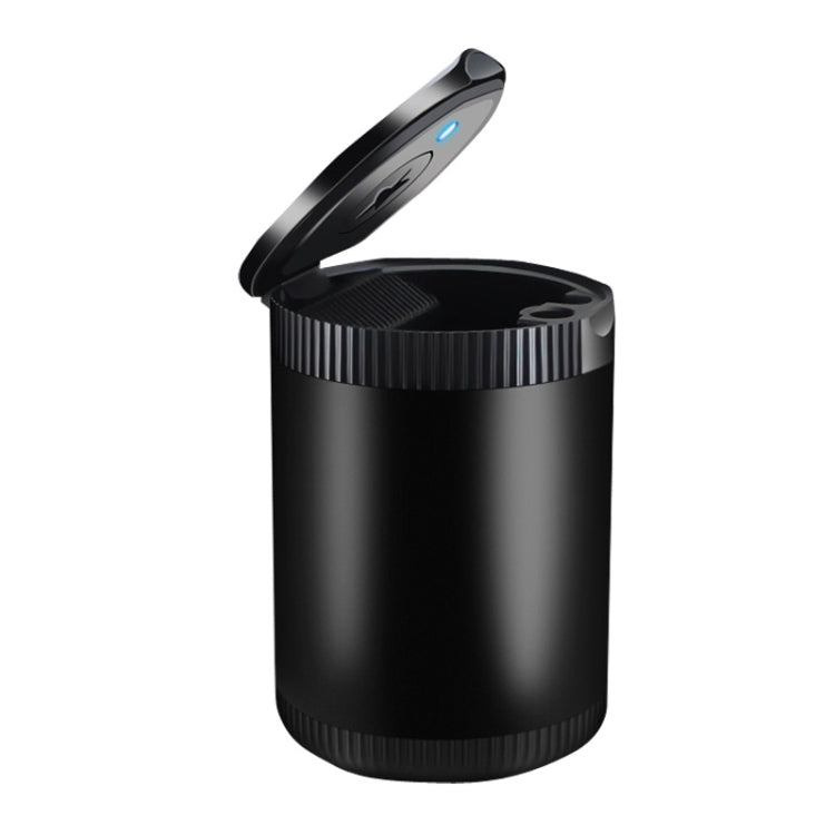 Black LED car ashtray with cover, open lid showing inner tray and small blue light
