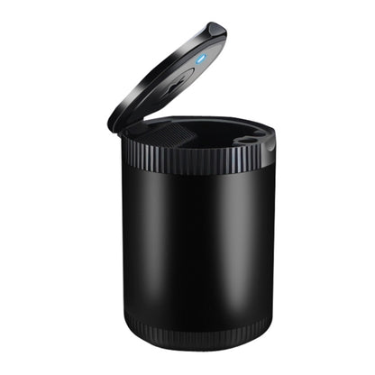 Black LED car ashtray with cover, open lid showing inner tray and small blue light