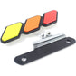 Car decal set with colored tabs and mounting screws on black base plate