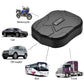 Black GPS tracker device angled view with rugged raised top design