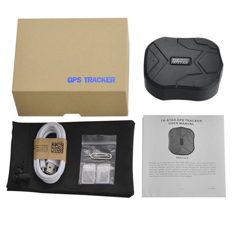 GPS tracker kit with black device, USB cable, and user manual packaging