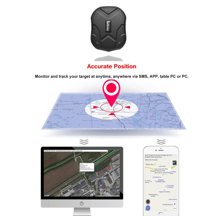 TKSTAR black GPS car tracker shown with map location pin and app screen