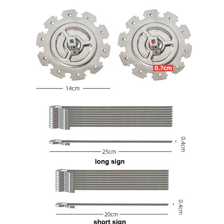 Skewer grill parts with dimensions: round plates, cable ties, long and short rods
