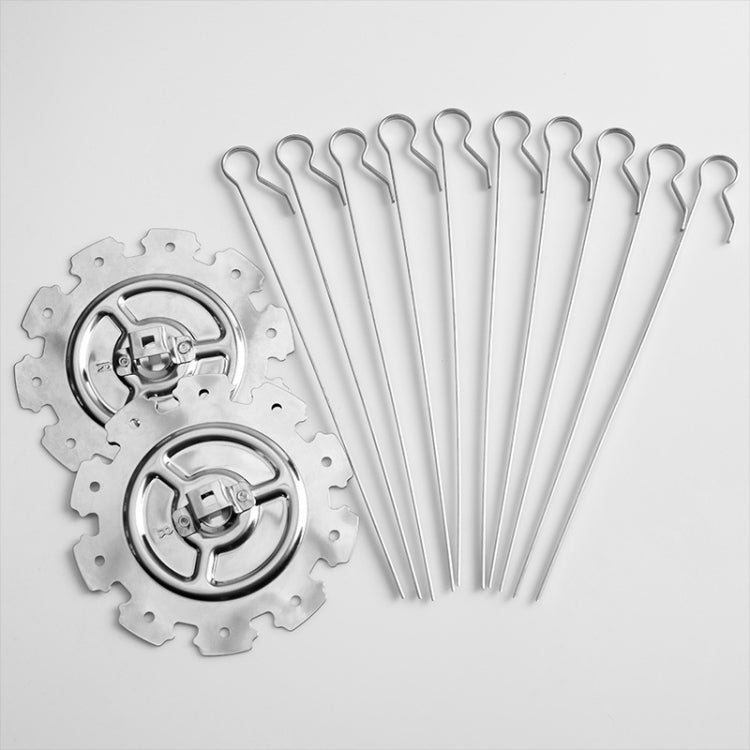 Rotisserie skewer set: two circular gear plates and multiple stainless steel rods